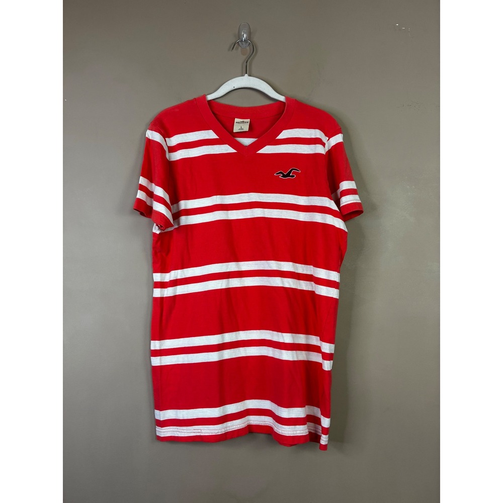 Hollister Mens Red White Striped V-Neck Short Sleeve T-Shirt Logo Large‎